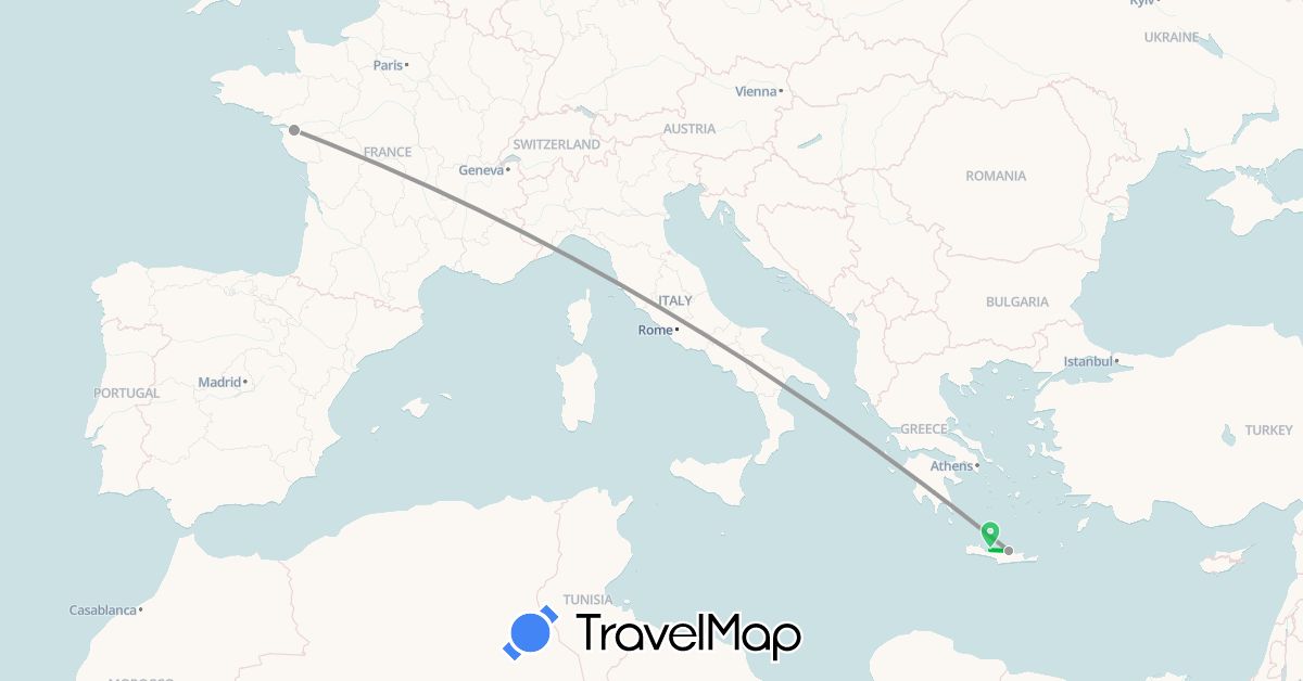 TravelMap itinerary: bus, plane in France, Greece (Europe)