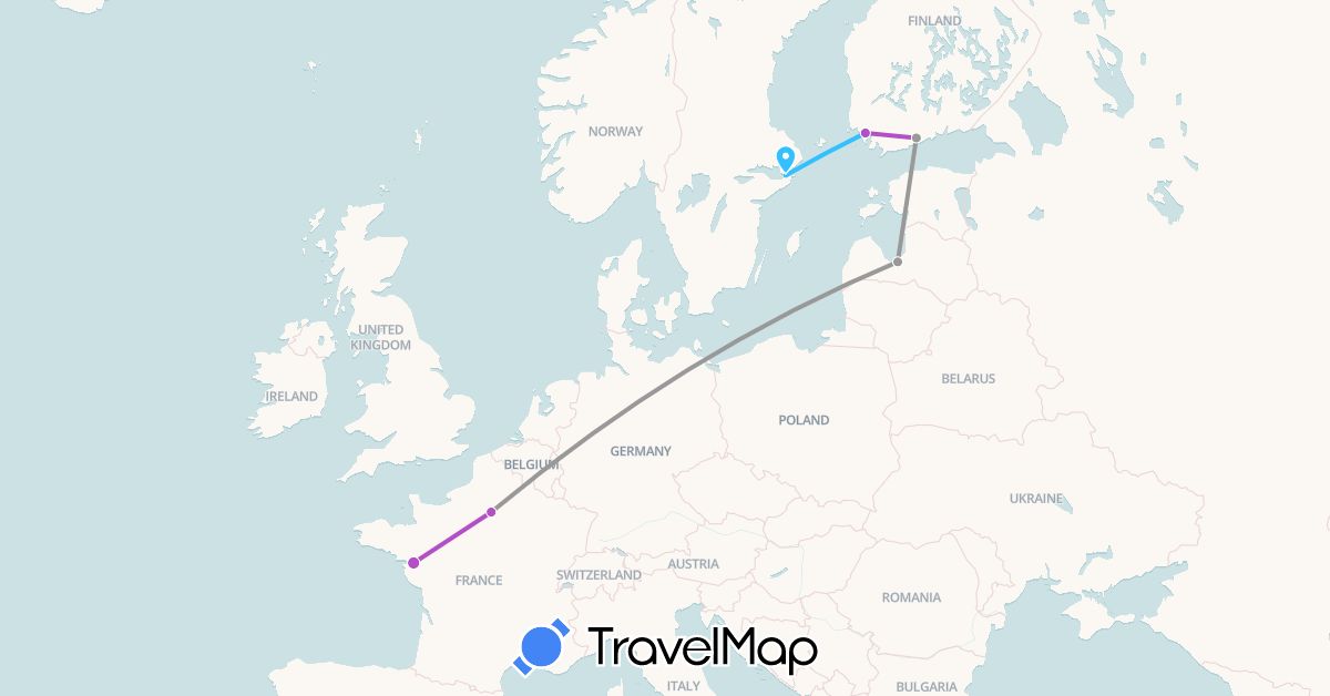 TravelMap itinerary: plane, train, boat in Finland, France, Latvia, Sweden (Europe)
